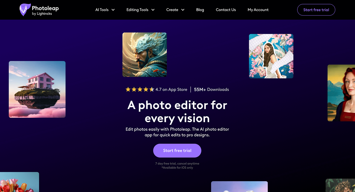 Captura de tela da página inicial do Photoleap