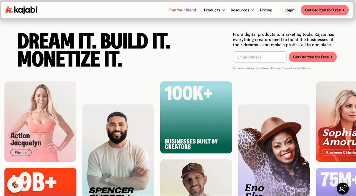 Schermafbeelding van de startpagina van Kajabi