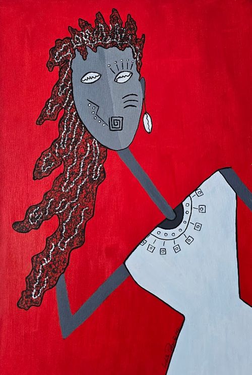 Lydia Peters Art, The Crimson Sentinel, The internal Canvas Collection, Lydia Peters Fine Art, vibrant red  cubist painting, geometric mask portrait, architectural peace series, bold Caribbean abstract art.