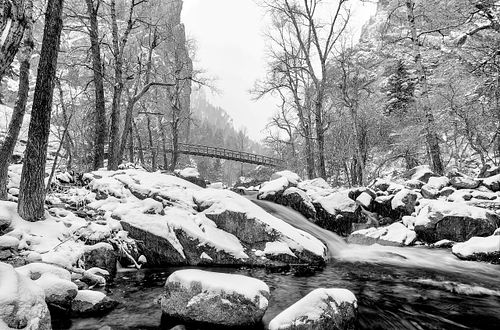 Black & White, monochromatic, tonal, texture, waterfall, water, flow, stream, clear, Golden, Lyons, Boulder, Colorado, Front Range, Estes, Rocky Mountains, snow, frozen, storm