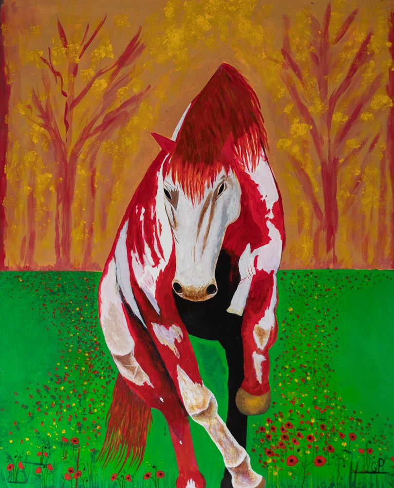 Cheval rouge et blanc dans une forêt automnale, peinture par Patrice Goubeau