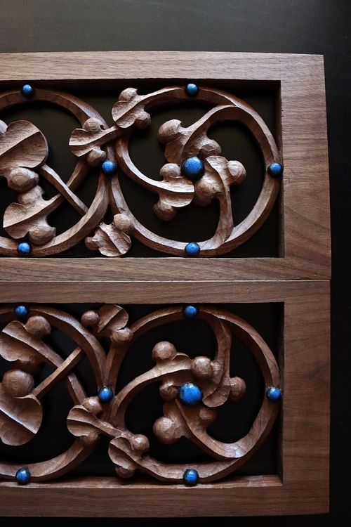 traditional hand-carved vines and blue beads for the candle shelves for the altar by Catholic woodcarver Wes Baker