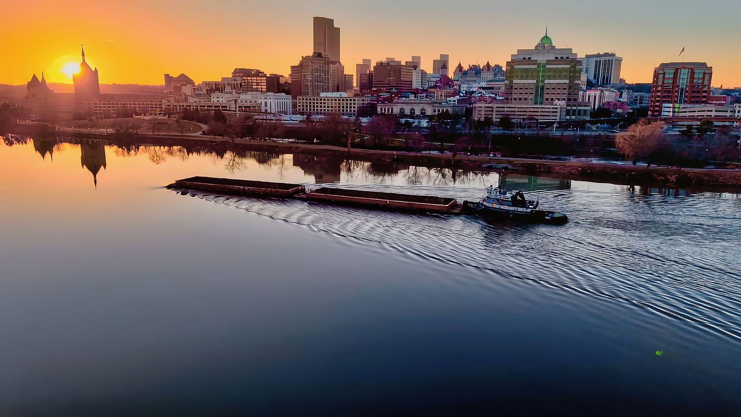 Drone Photo of Tug Boat on the Hudson River at Sunset