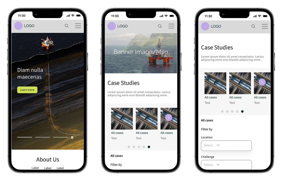 iPhone frames presenting the redesign of Interwell's case study landing page