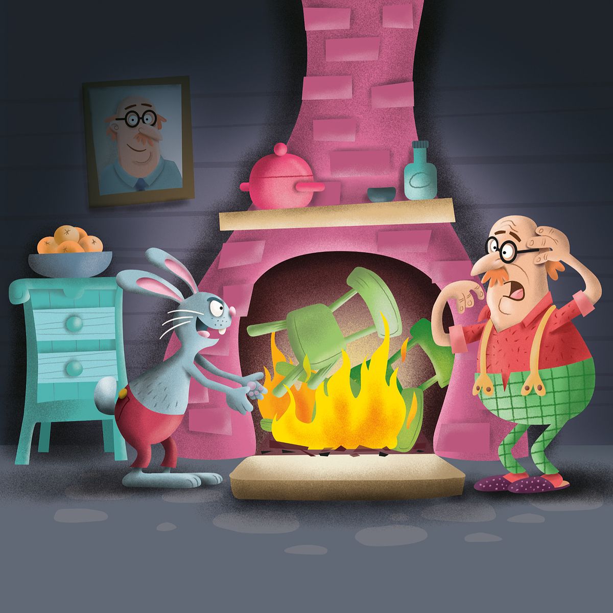 Kinderboek illustratie van Poetzarelli, konijn gooit stoel in het vuurhaard. Huisbaas kijkt verschrikt toe.