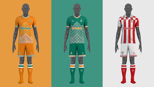 Front view of Werder Bremen home, away, and third full kit concepts displayed side by side on mannequins.