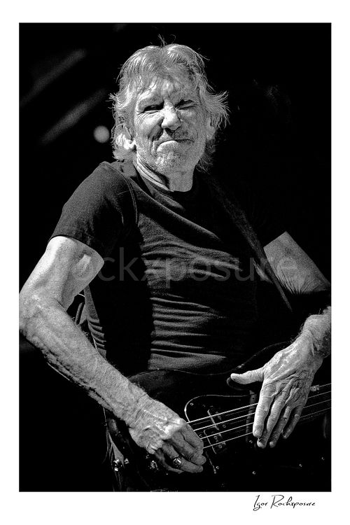Vertical black and white image of Roger Waters performing live on stage in a tight concert portrait, playing bass with an intense expression against a dark background