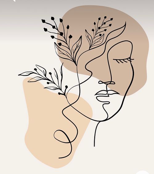 Minimalist line drawing of a face with botanical floral elements"