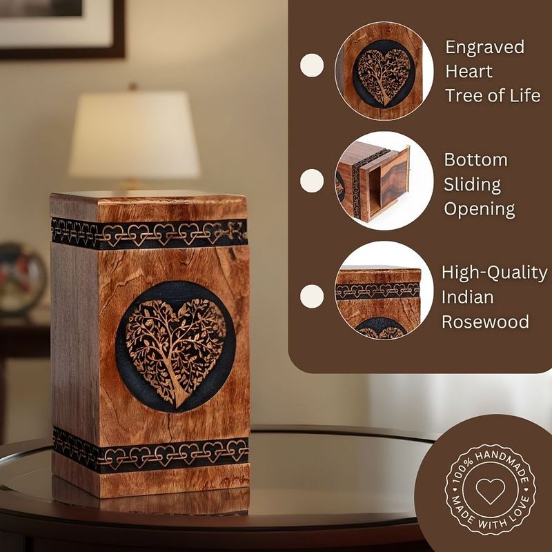 Heart Tree of Life Engraved Wooden Memorial Box for Ashes