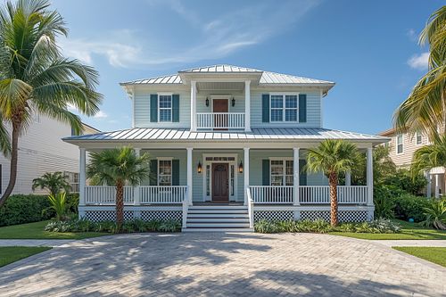 Professional exterior real estate photography of a two-story luxury coastal home with a wrap-around porch and palm trees, captured by PrimePropertyPhoto in Gainesville, FL.