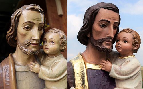 restoration of St Joseph and Child Jesus statue faces by Kelly Baker of Contrasts Woodcarving for St. Bernadette Catholic Church in Lancaster, Ohio