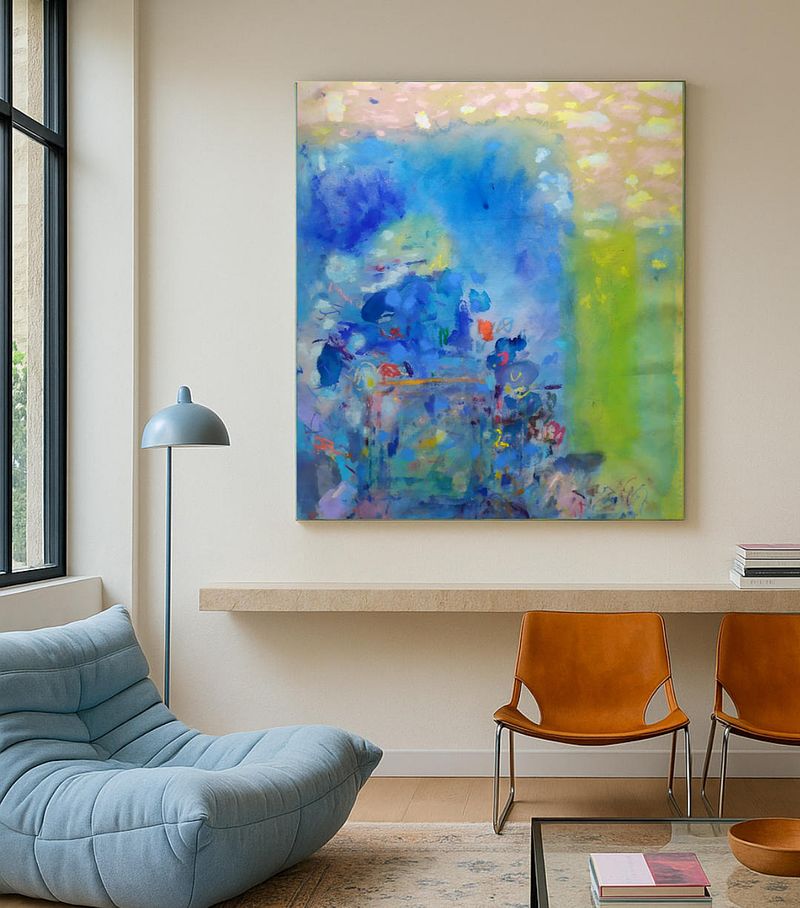 Lagune, Peinture abstraite poétique, jaune et bleue