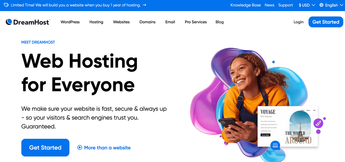 Скриншот конструктора сайтов DreamHost