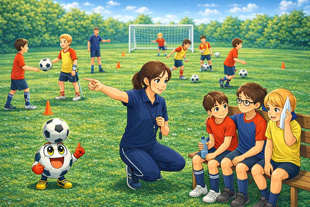 Eine Trainerin spricht gezielt mit pausierenden Kindern am Spielfeldrand, während andere Spieler strukturiert trainieren – ein Beispiel für klare Steuerung ohne Überforderung im inklusiven Fußball.