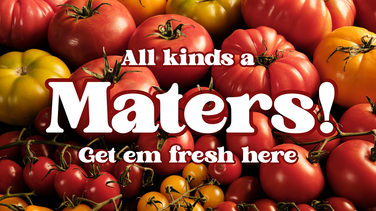 An assortment of tomatoes with a call to action text overlay.