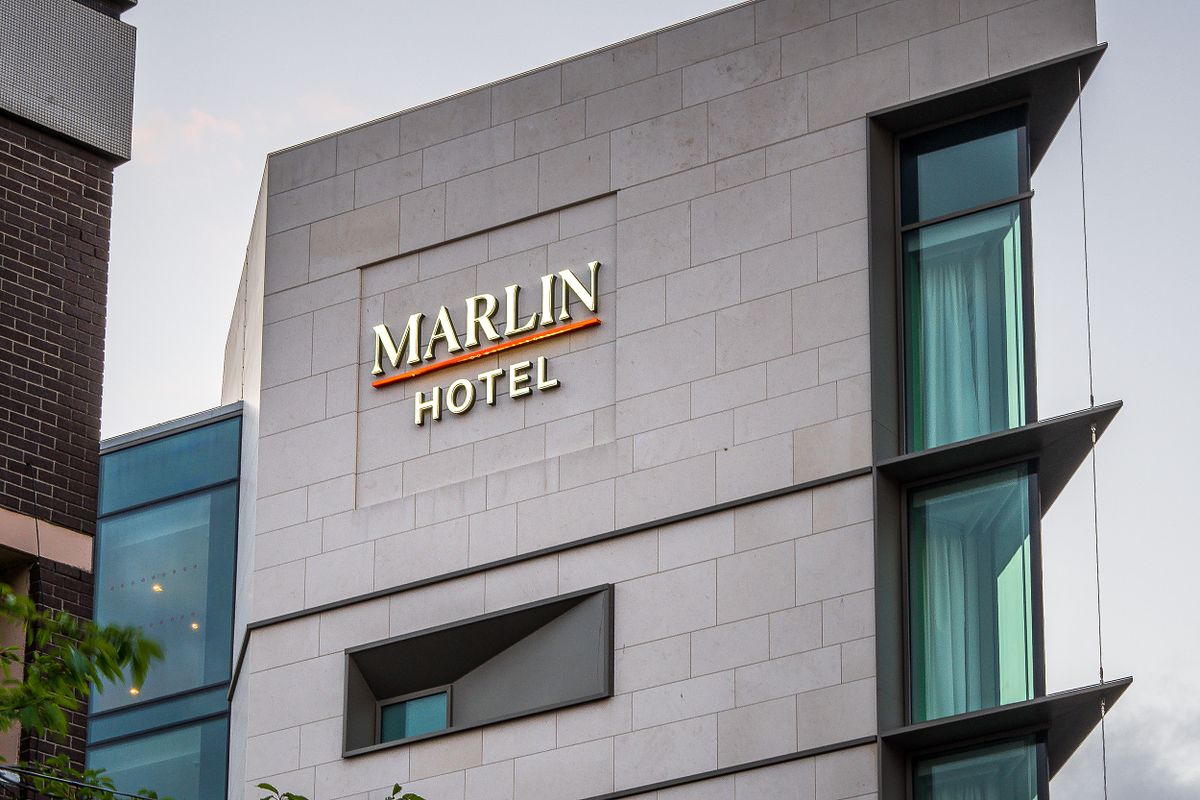 Exterior photograph of the Marlin Hotel Dublin, showcasing the building facade and signage designed by Ascot Signs.