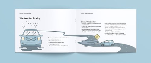 Double-page spread of the booklet showing wet weather driving, with an illustration that moves from left to right, from a vehicle driving in rain to a vehicle approaching a large puddle and a water-over-road warning sign.