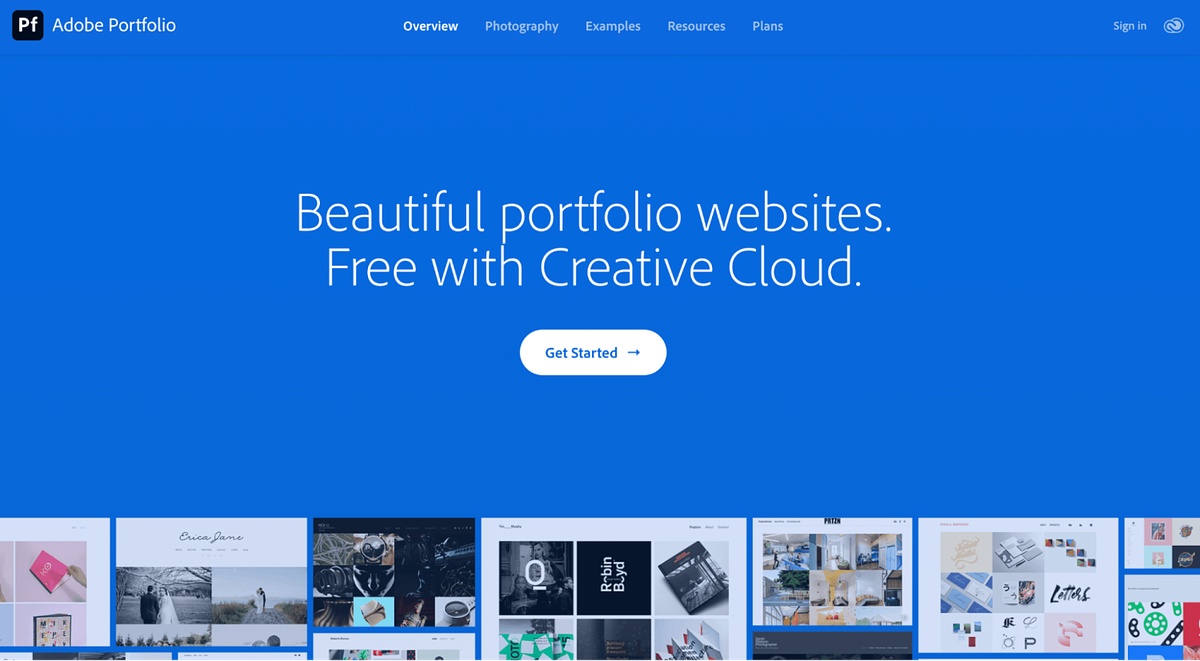 Startpagina van Adobe Portfolio