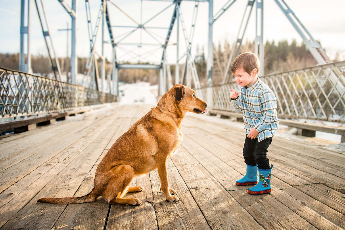 little boy with his dog on a bridge in winter, the little boy is wearing rubber boots and the dog is a labradore retriever mix rescue.