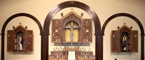 View of the three primary shrines in the sanctuary at St. Bernadette Catholic Church in Lancaster, Ohio