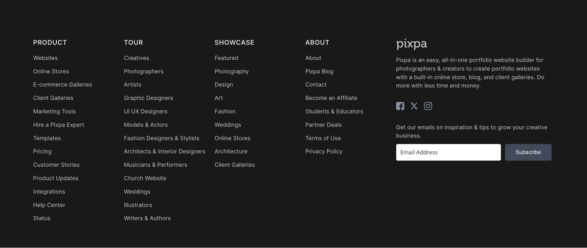 Image of Pixpa's sitemap website footer