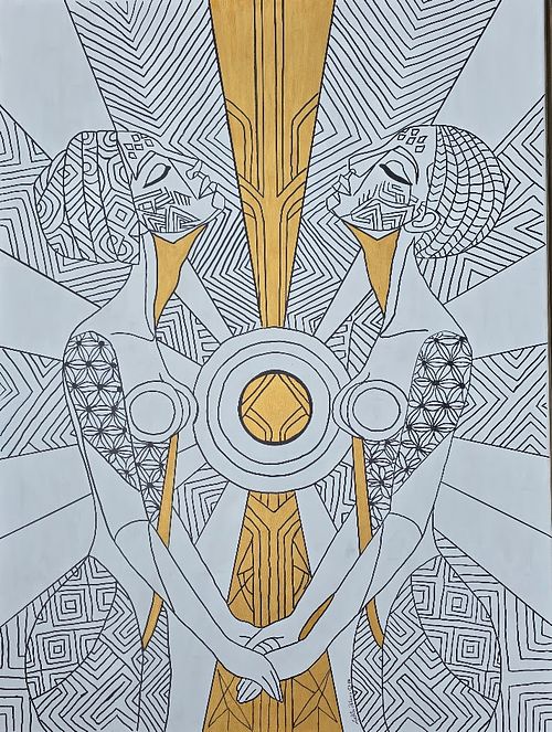 Original fine art painting titled Aperture of the Soul by Lydia Peters. A contemporary cubist style piece featuring two sisters in black and white with a radiant vertical burst of gold leaf light down the center. Part of the Architecture of Peace 2026 collection.