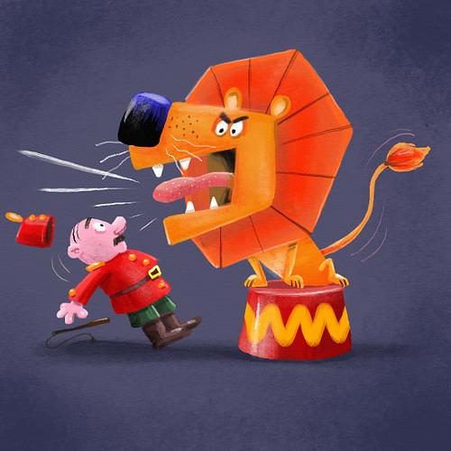 kinderboek illustratie van een brullende circusleeuw. De temmer schrikt zich rot.