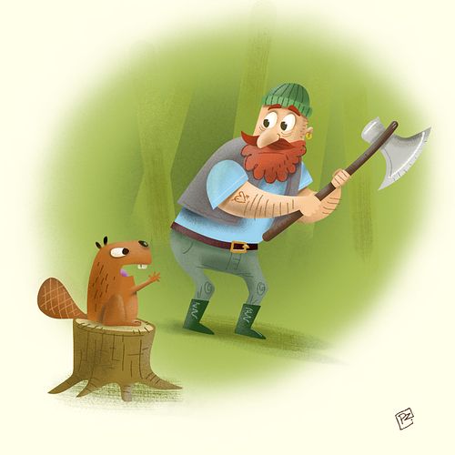 Illustratie voor een kinderboek in aquarel van houthakker en bever