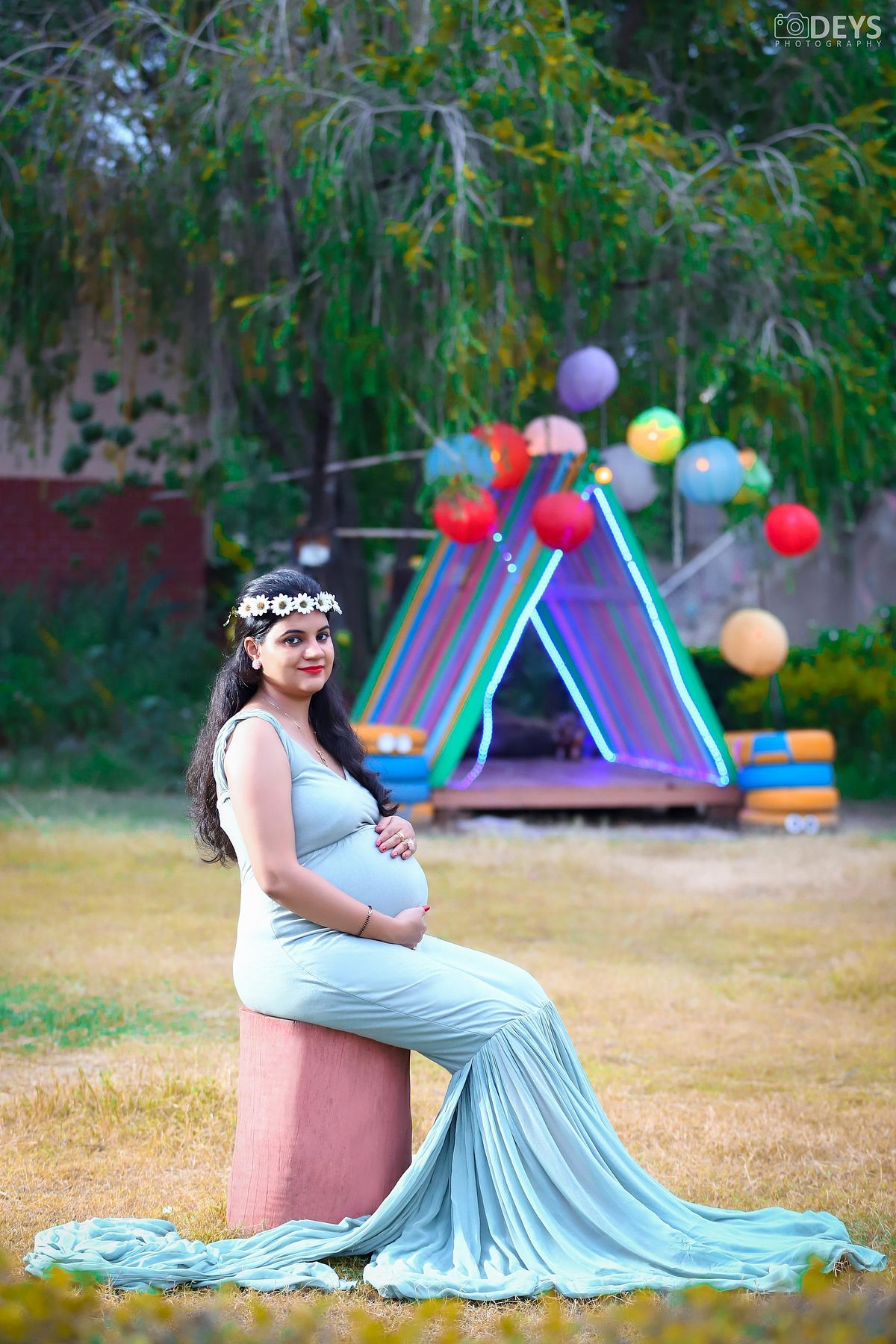 Mint green mermaid gown maternity theme studio picture