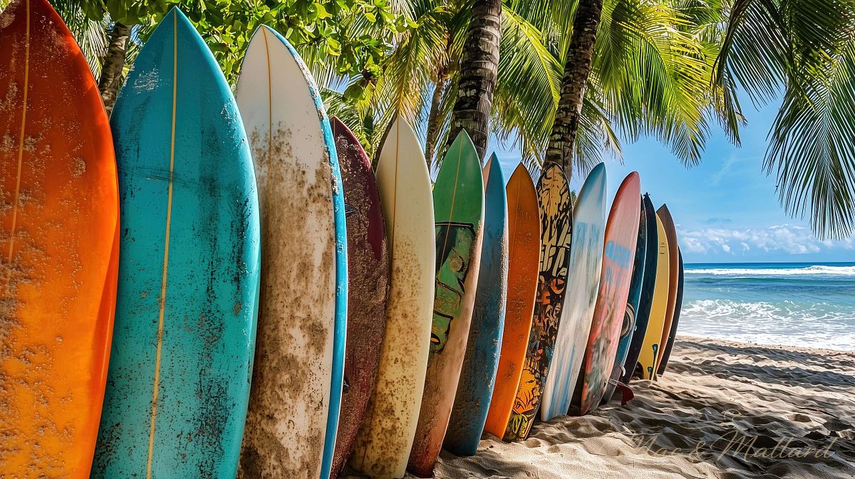 Vibrant Surfboards Lining a Tropical Beach with Swaying Palm Tre