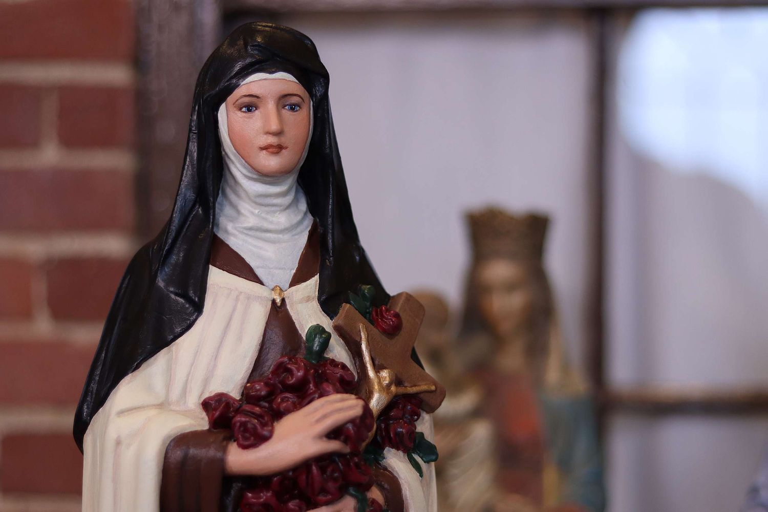 The fully restored statue of St Therese ready to go t