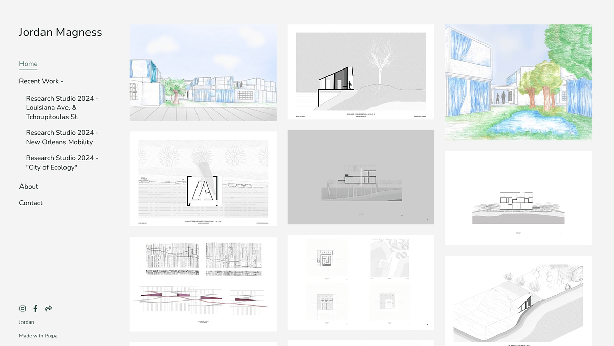 Sito web del portfolio dello studente di architettura Jordan Magness.
