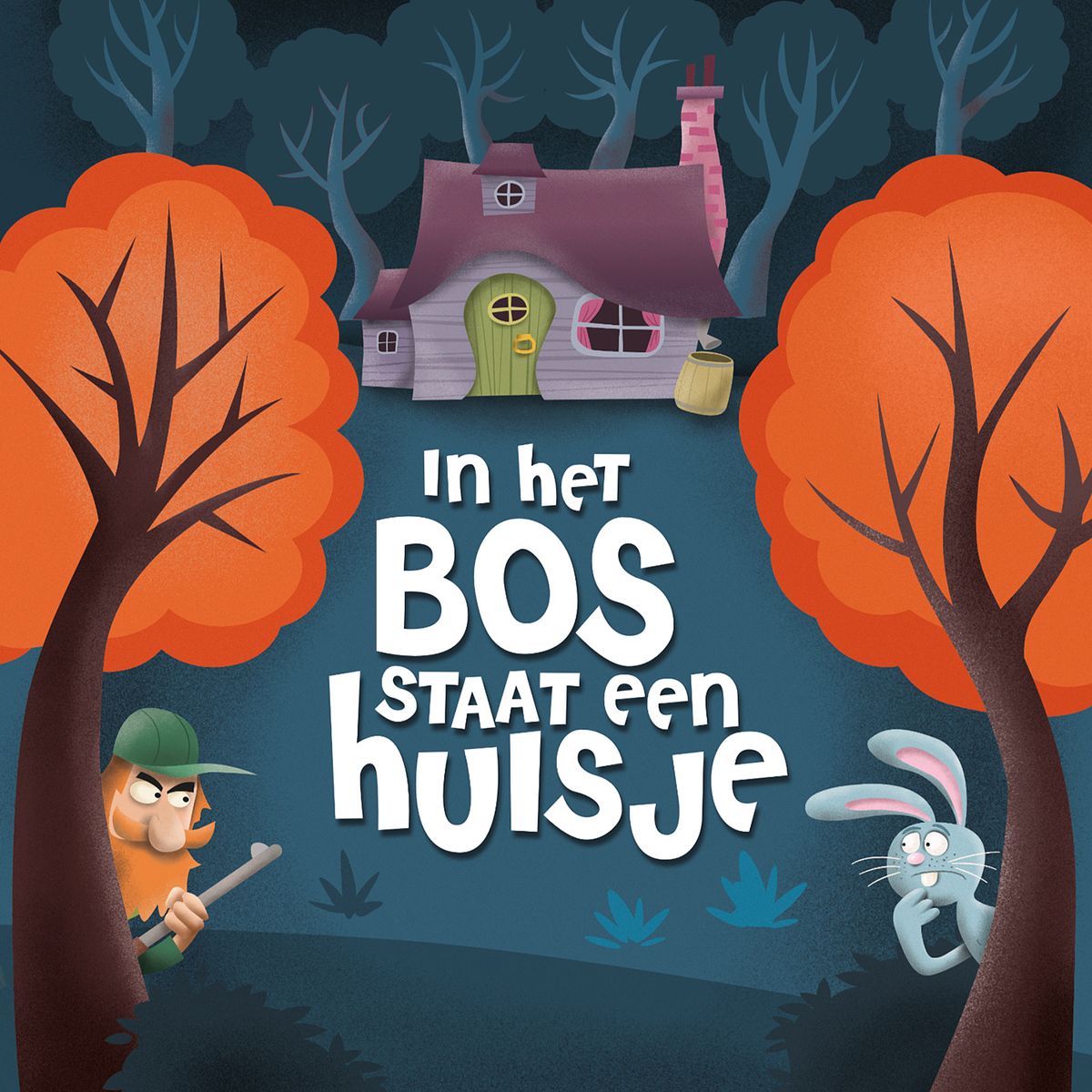 Cover kinderboek 'in het bos staat een huisje'. Konijn en jager kijken van achter een boom. In de verte staat een huisje.