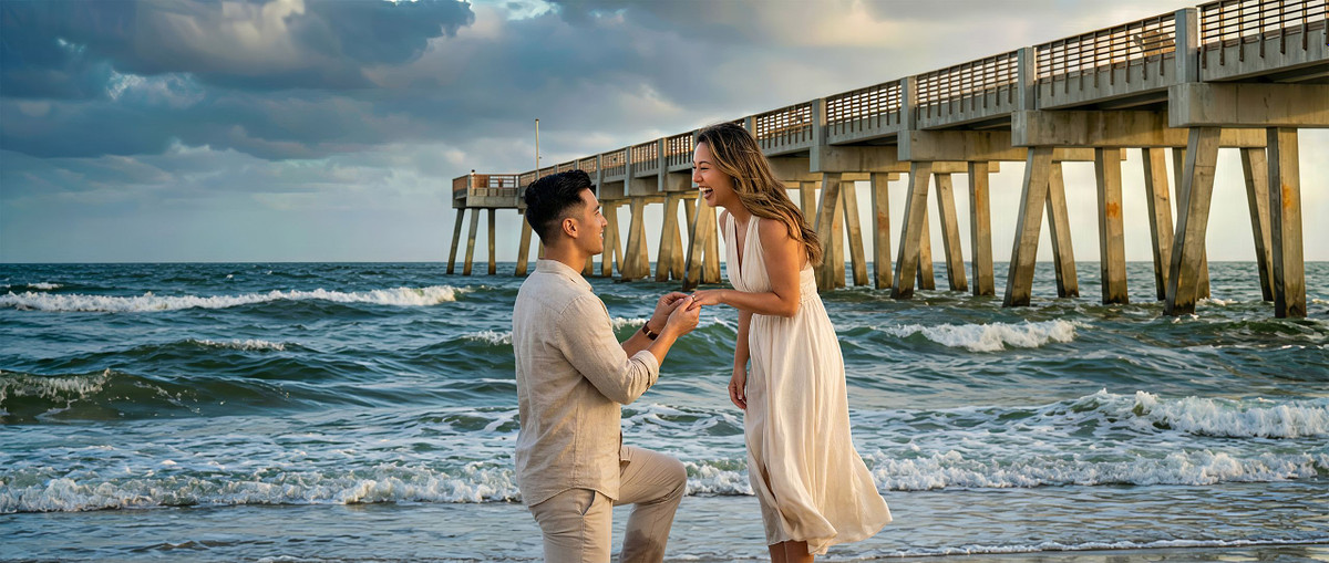 Surprise beach proposal at Jacksonville Beach Pier featuring a couple at sunrise with the ocean and pier architecture.