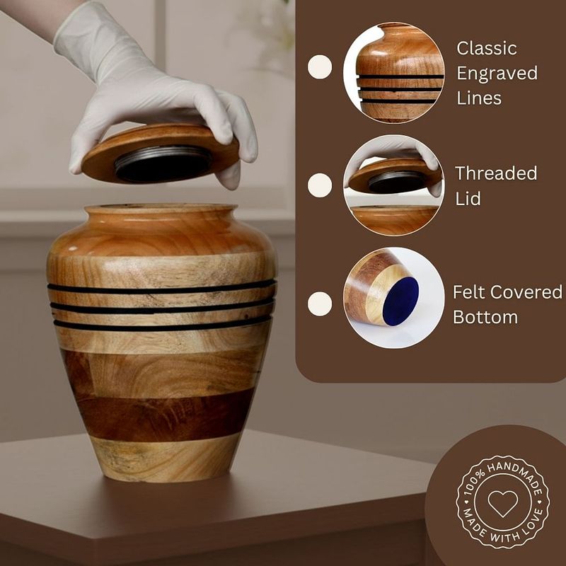 Classic Engraved Lines Wooden Cremation Urn – Handmade Natural Memorial
