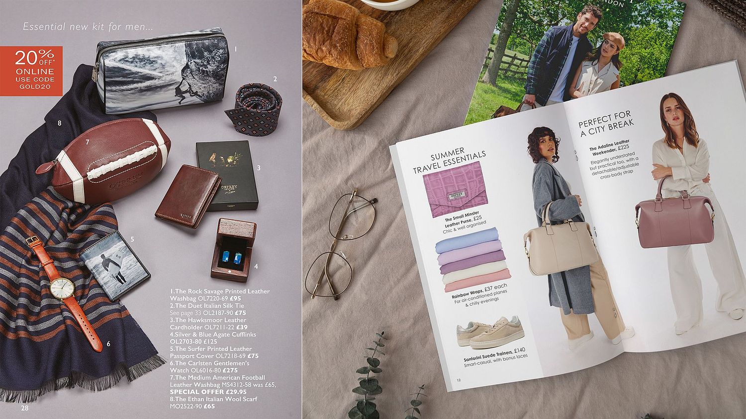 shopping catalogue showing leather accessories on a table