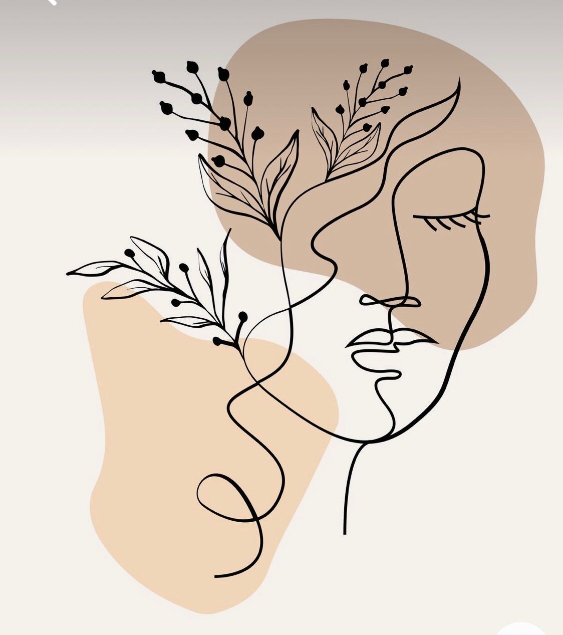 Minimalist line drawing of a face with botanical floral elements"