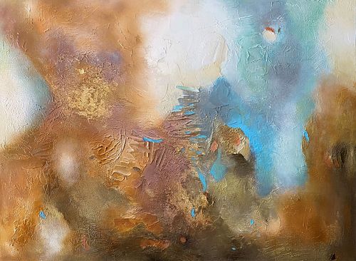 Minimalist neutral blue abstract painting with rich textures and gold copper bronze accents, 'Quiet Luxury' style art for contemporary interiors