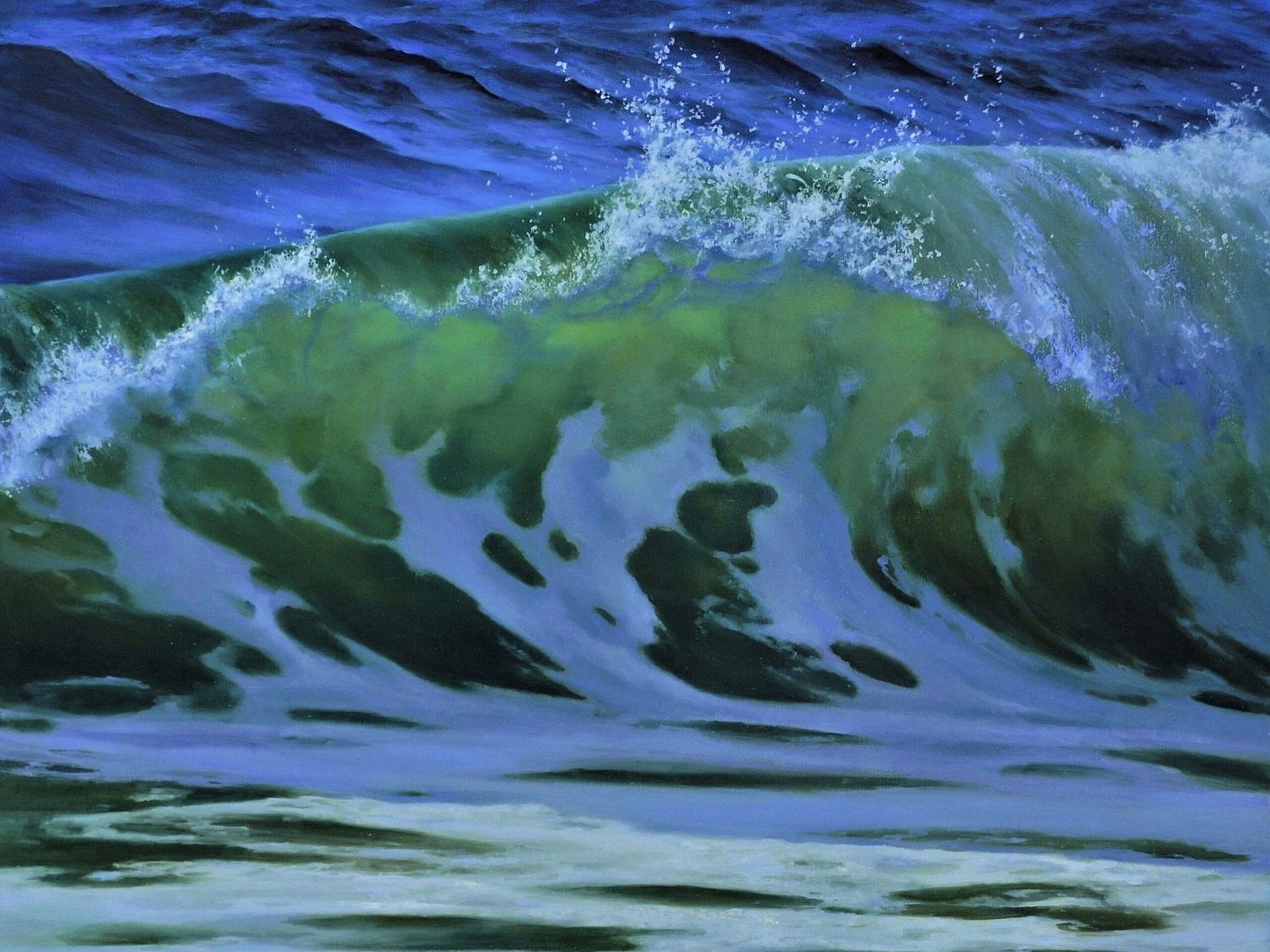 Acrylic painting of an emerald green wave with sunlight and foaming crests.