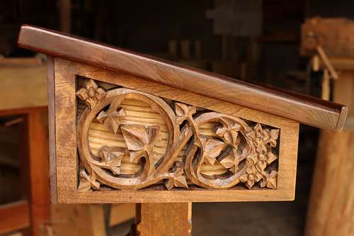 vines and flowers carved into the side panels of the custom lectern for the Dominican Sisters in Columbus, Ohio