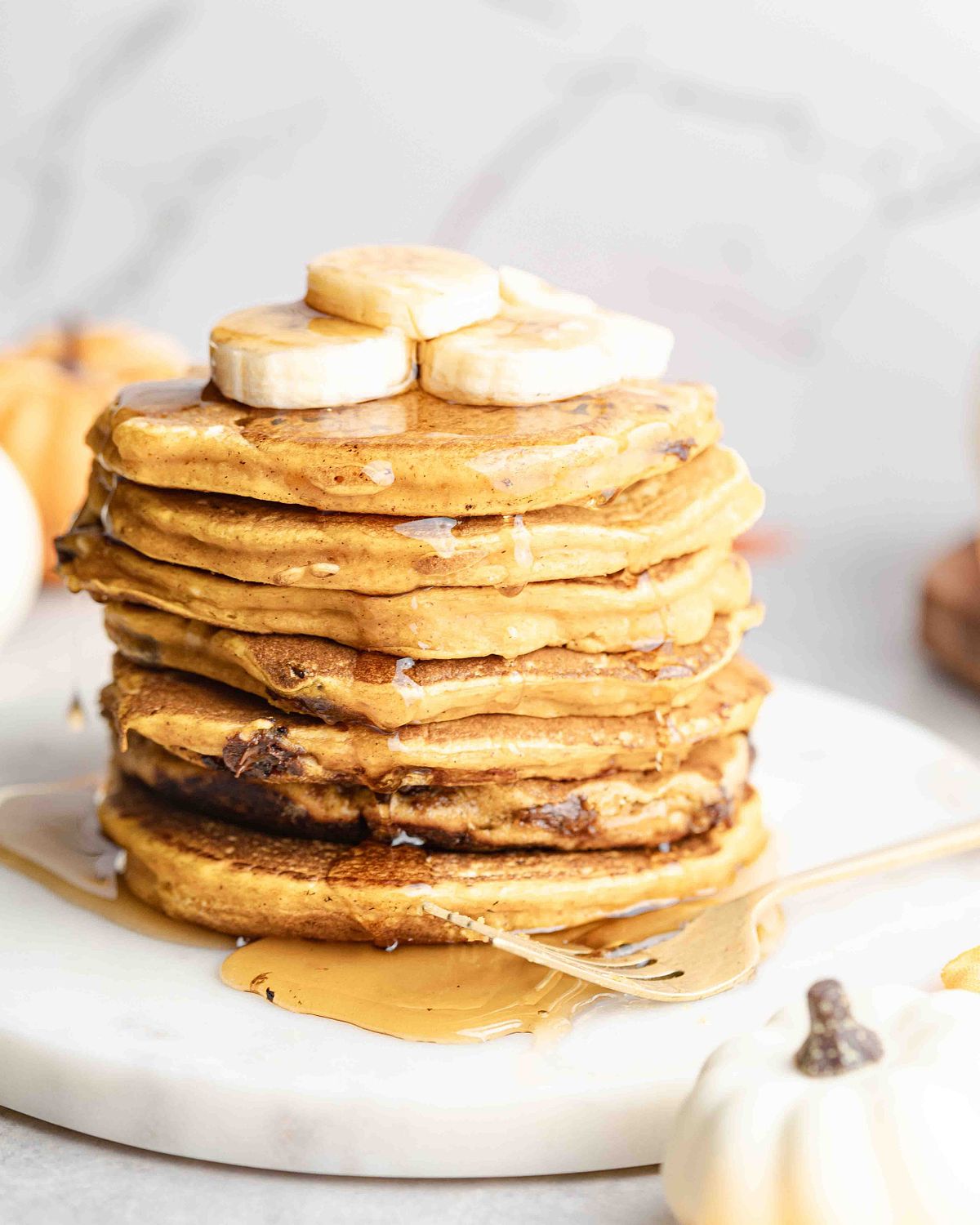 A stack of banana chocolate chip pancakes