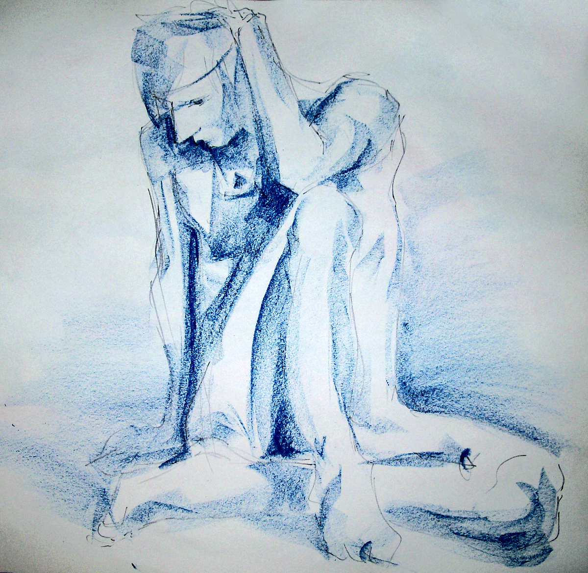 figure hunched over, blue pastel