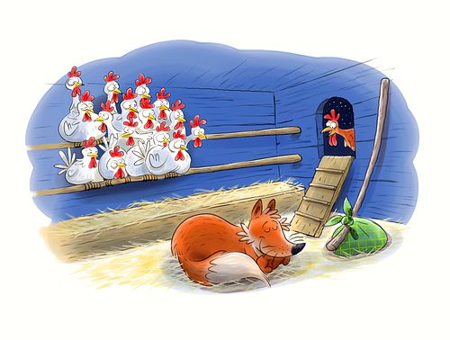 Kleurrijke illustratie voor kinderboek van een vos die rustig slaapt in het kippenhok. Alle kippen zitten samen verweg van de vos.