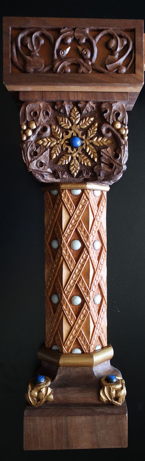 wood carved cherry and walnut column with hand-carved shaft, capital, base, and impost including wheat, grapes, beads, vines, and birds