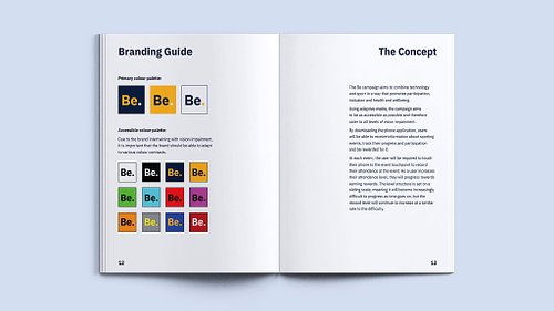 Double-page spread showing colour palette guidelines on the left page and campaign concept information on the right.