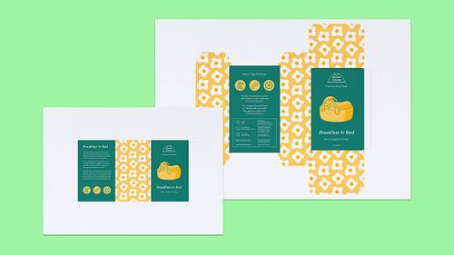 Print-ready packaging net for the Breakfast in Bed flavour on an A3 layout with trim marks, shown alongside the front side of its information sheet on an A4 layout with crop marks.