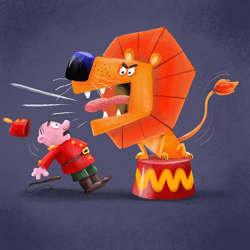 kinderboek illustratie van een brullende circusleeuw. De temmer schrikt zich rot.