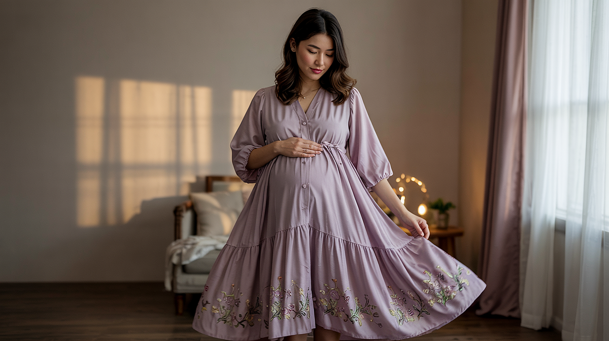 Pregnant woman posing in natural light with a flowing maternity gown.