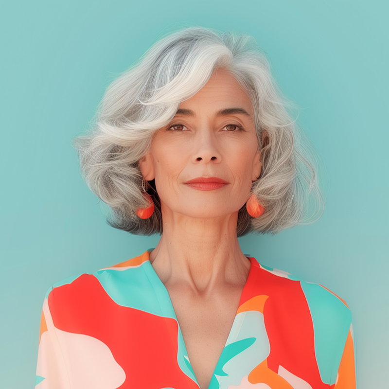 middle aged woman with gray hair looking directly into the camera