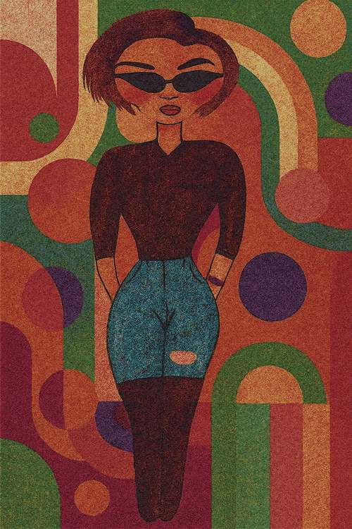 A stylized figure stands amid bold geometric shapes and a rich, colorful background. The style evokes a retro, playful atmosphere.
